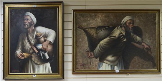S. Halim, 2 oils on canvas, a figure carrying a sack, signed, and a street peddler, 80 x 60cm and 70 x 100cm